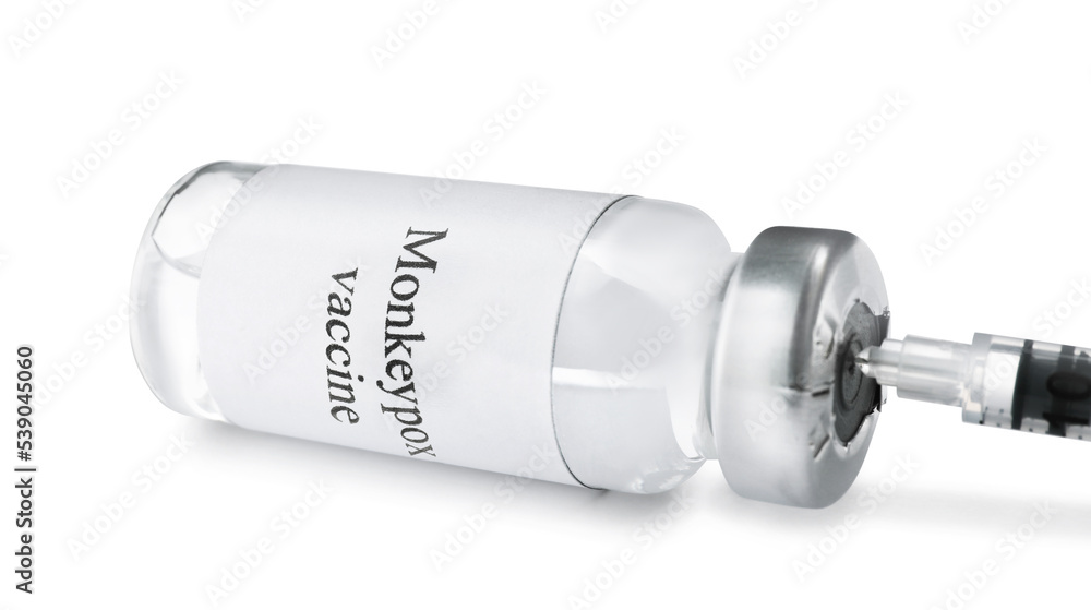 Filling syringe with monkeypox vaccine from vial isolated on white Filling syringe with monkeypox vaccine from vial isolated on white