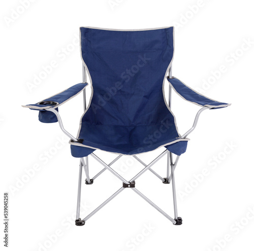 Blue foldable camping chair with silver trim isolated.   photo