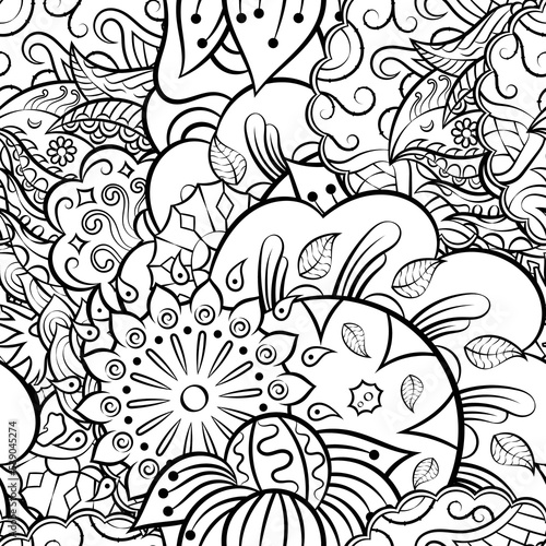 Tracery seamless pattern. Mehndi design. Binary monochrome black and white. Ethnic doodle texture. Curved doodling background. Vector