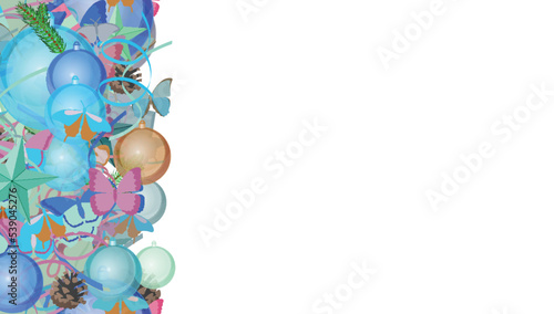 Background pattern abstract seamless design texture. Vertical stripe. Border frame, transparent background. Theme is about colorful, green needles, Christmas tree toy, Butterfly, ornate