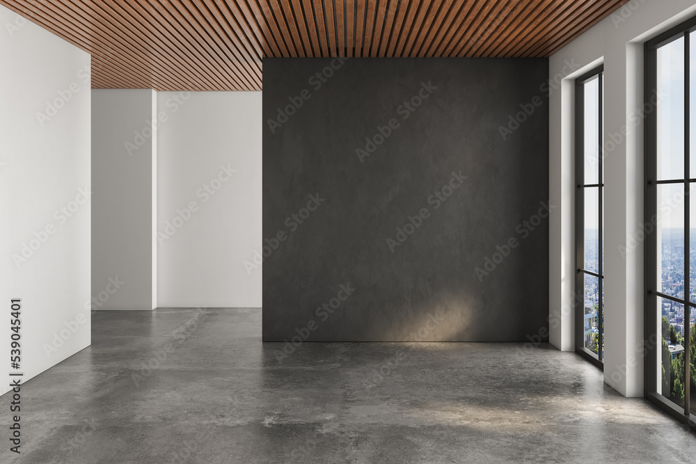 Realistic 3D rendering of empty room, beautiful sunlight and window