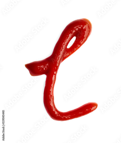 Letter L written with ketchup on white background