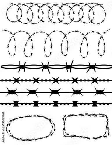 Barbed wire collection on white background.Barbed wire set