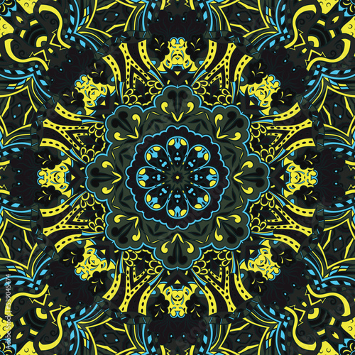 Seamless tile texture. Tracery mehndi design image. Dark toxic colors. Ethnic doodle art. Curved doodling picture. Vector