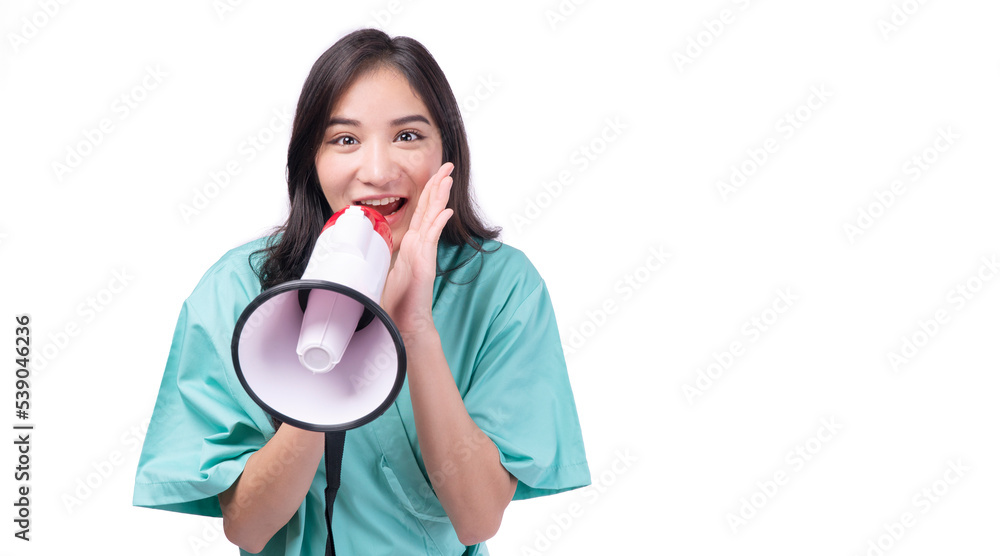 Excited pain asian woman holding megaphone announce positive news standing on white background. Happy young girl holding loudspeaker screaming copy space over isolated. Insurance health care concept. Excited pain asian woman holding megaphone announce positive news standing on white background. Happy young girl holding loudspeaker screaming copy space over isolated. Insurance health care concept.