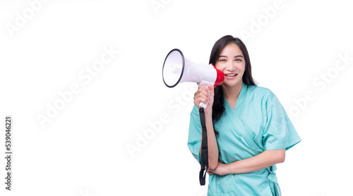 Excited pain asian woman holding megaphone announce positive news standing on white background. Happy young girl holding loudspeaker screaming copy space over isolated. Insurance health care concept.