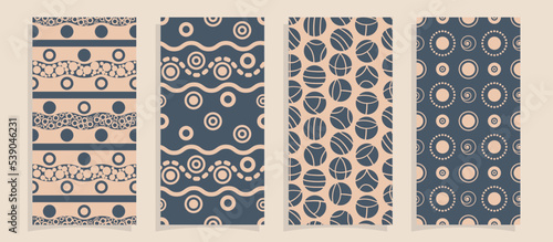 four seamless pattern tiles set with decorative circles and wavy lines in modern colors