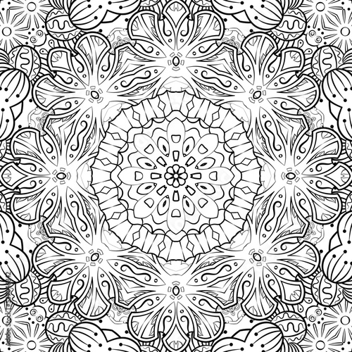 Seamless tile texture. Tracery mehndi design image. Binary monochrome black and white. Ethnic doodle art. Curved doodling picture. Vector