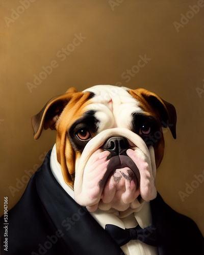 Bulldog dog in a man suit. Close up portrait. AI generated. 