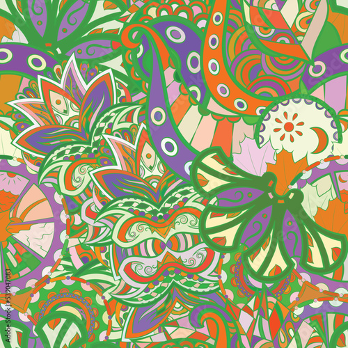Tracery seamless pattern. Mehndi design. Ethnic doodle texture. Curved doodling background. Vector