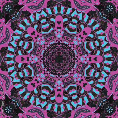 Seamless tile texture. Tracery mehndi design image. Dark toxic colors. Ethnic doodle art. Curved doodling picture. Vector