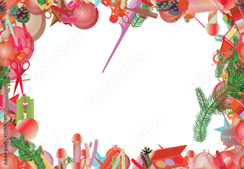 Background pattern abstract seamless design texture. Border frame, transparent background. Theme is about background, parlor, scissors, cone, toiletry, shaving, salon, tree, comb, abstract