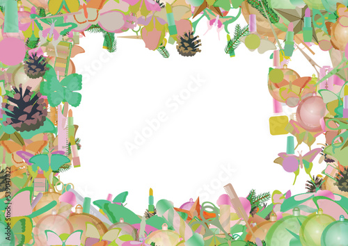 Background pattern abstract seamless design texture. Border frame, transparent background. Theme is about pomatum, brush, parlor, beauty, cone, wild, summer, toiletry, winter, Monarch, vector