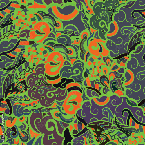 Tracery seamless pattern. Mehndi design. Dark sharp colors. Ethnic doodle texture. Curved doodling background. Vector