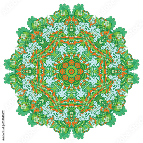 Mandala. Tracery wheel image. Mehndi design. Ethnic doodle art. Curved doodling picture. Vector