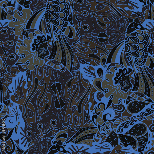 Tracery seamless pattern. Mehndi design. Dark sharp colors. 6 colors. Ethnic doodle texture. Curved doodling background. Vector