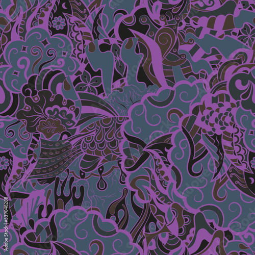 Tracery seamless pattern. Mehndi design. Dark sharp colors. 6 colors. Ethnic doodle texture. Curved doodling background. Vector