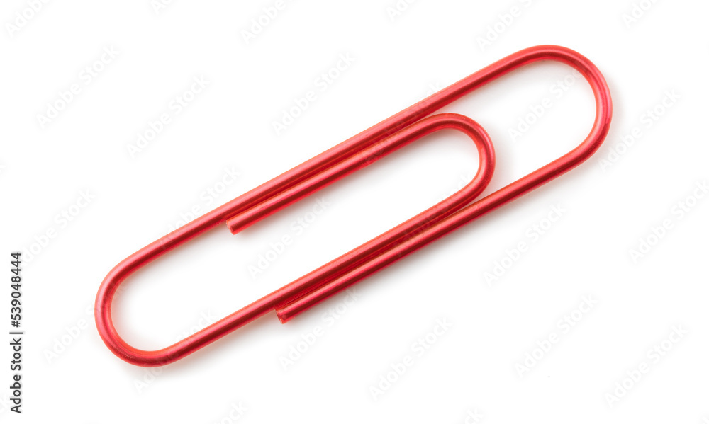 Paper clip. Metallic red paper clip isolated on white. Flip image to change direction. Paper clip. Metallic red paper clip isolated on white. Flip image to change direction.