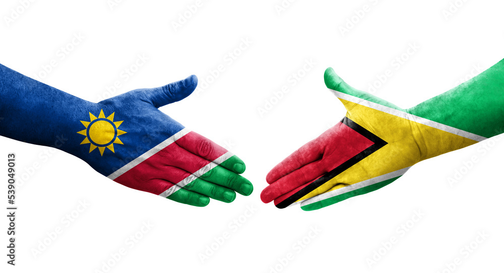 Handshake between Guyana and Namibia flags painted on hands, isolated transparent image.