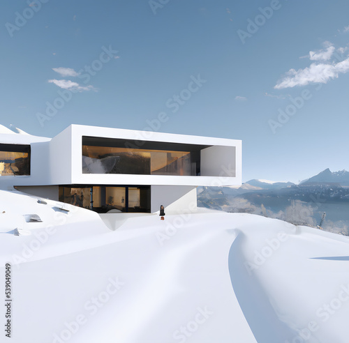 Modern illustration design of clean house overlooking a wintery vista
