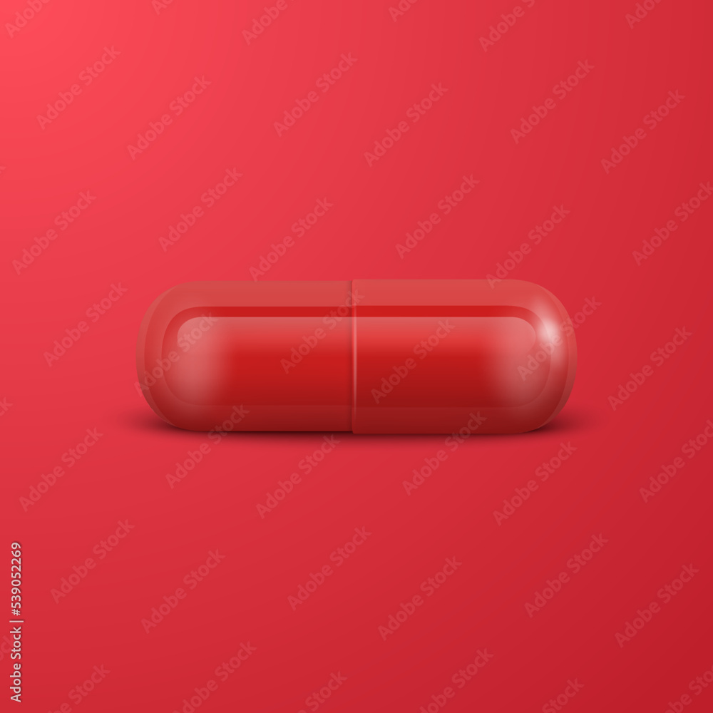 Vector 3d Realistic Red Pharmaceutical Medical Pill, Capsule, Tablet on Blue Background. Front View. Copy Space. Medicine, Male Health Concept Vector 3d Realistic Red Pharmaceutical Medical Pill, Capsule, Tablet on Blue Background. Front View. Copy Space. Medicine, Male Health Concept