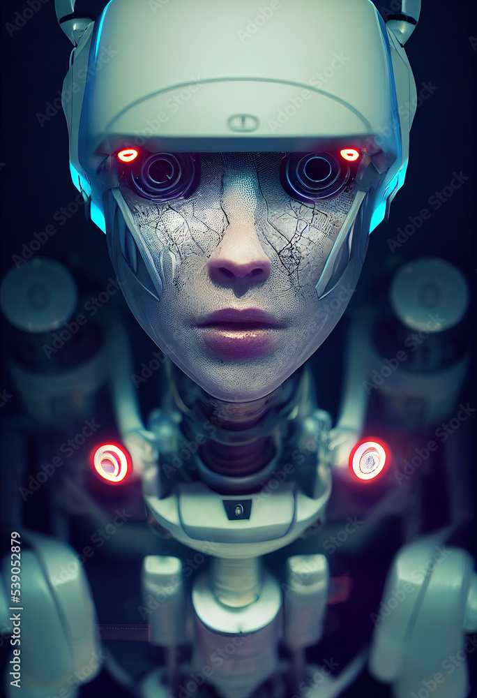 Robot cyborg female close-up, illuminated by cinematic light. Sci-fi artificial intelligence background. 3D illustration Robot cyborg female close-up, illuminated by cinematic light. Sci-fi artificial intelligence background. 3D illustration