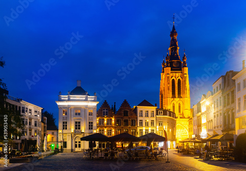 Twilight photo of Saint Martin's Church in Kortrijk, view from Central Square. Belgium, Flemish province of West Flanders.