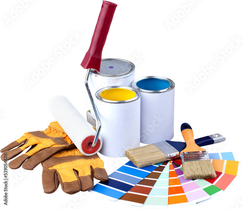 Paint brushes and paint on background photo