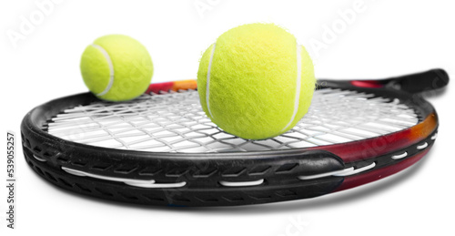 Tennis game. Tennis balls and racket on background.