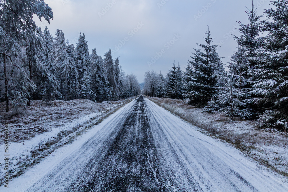 Winter view of a road near Tisa, Czech Republic Winter view of a road near Tisa, Czech Republic