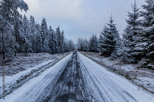 Winter view of a road near Tisa, Czech Republic