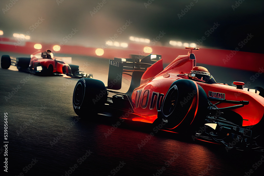 Race car racing at high speed. Motor sports competitive team racing. Motion blur background. 3d render