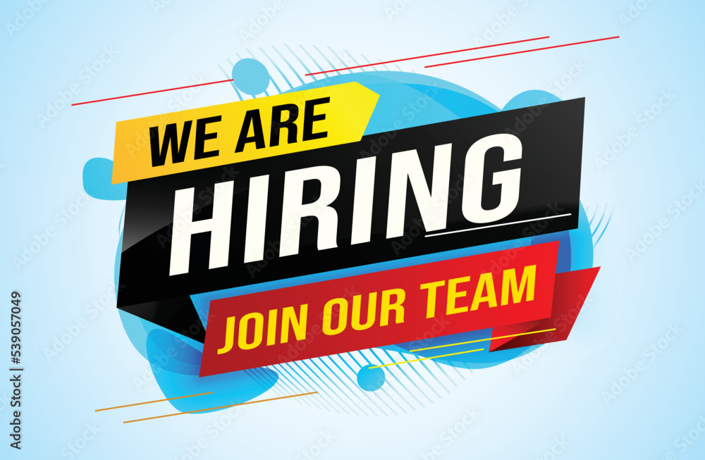 Fototapeta premium hiring recruitment Join now design for banner poster We are hiring lettering with geometric shapes lines. Vector illustration typographic. Open vacancy design template modern concept
