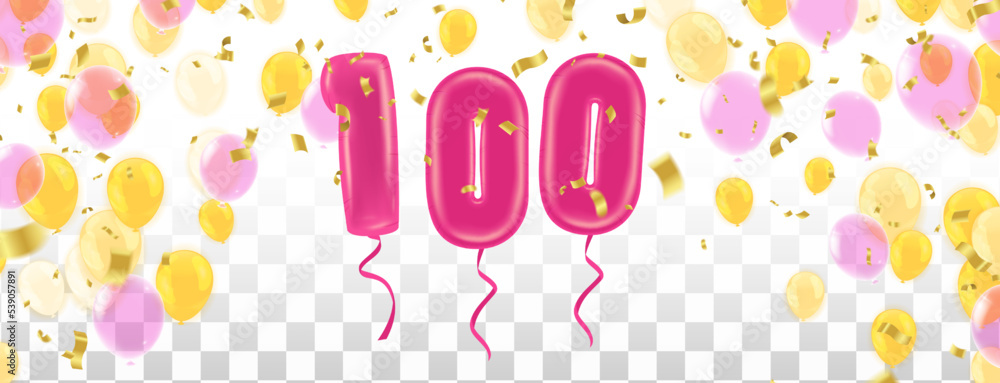 greeting card Happy birthday number 100 in fun art style with Balloons party confetti. greeting card Happy birthday number 100 in fun art style with Balloons party confetti.