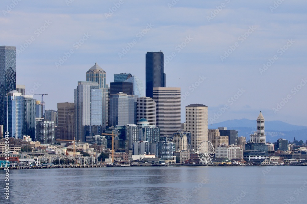 Downtown City Skyline of Seattle Washington, and Elliott Bay