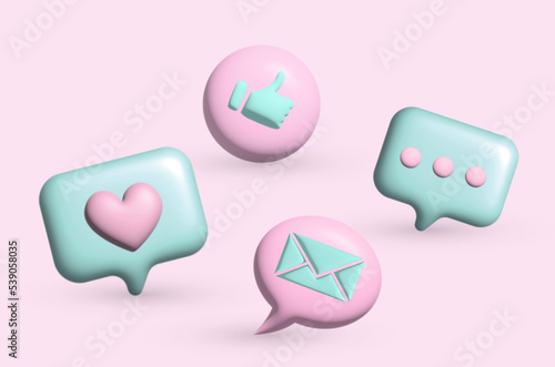 3d social media icons love live heart chat comment 