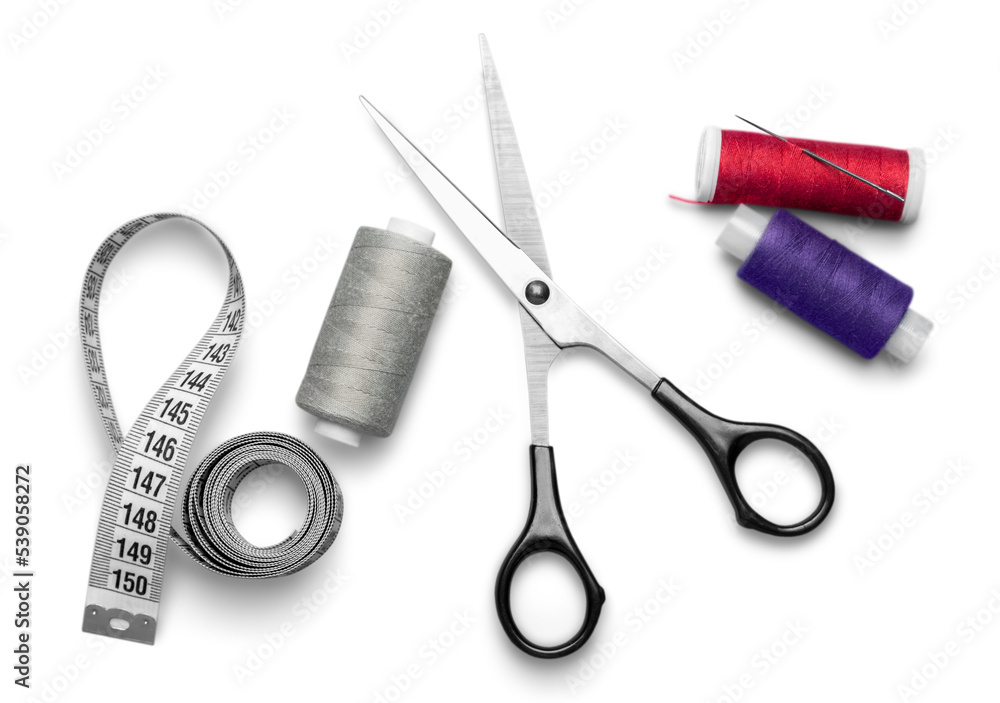 Thread scissors textile spools sewing kit tape measure measuring tape - obrazy, fototapety, plakaty 