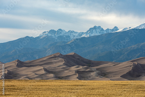 Yellow Grass Below Sand Dunes and Snowy Mountains