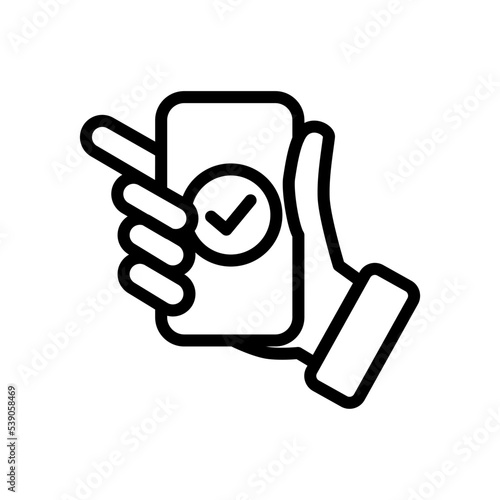 Icono de mano sosteniendo el teléfono con símbolo de verificación. Móvil. Marketing. Ilustración vectorial