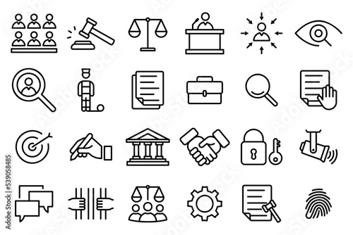 Conjunto de iconos de justicia. Ley, juicio, tribunal, sentencia, audiencia, derecho. Ilustración vectorial