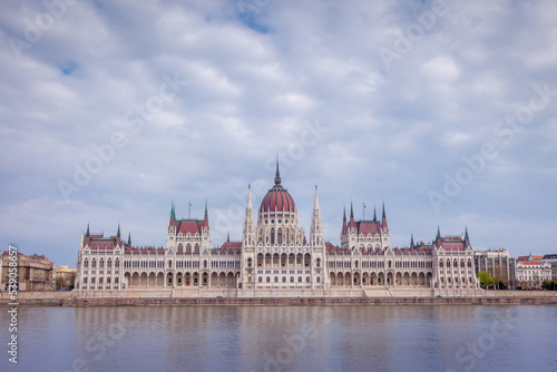 Parliament and Danube River at dramatic sky, Budapest, Hungary