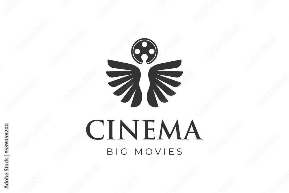 Naklejka premium body Woman with wings and Film Reel for Film Production Studio Logo or Statue Trophy Cinema Movie Awards vector illustration