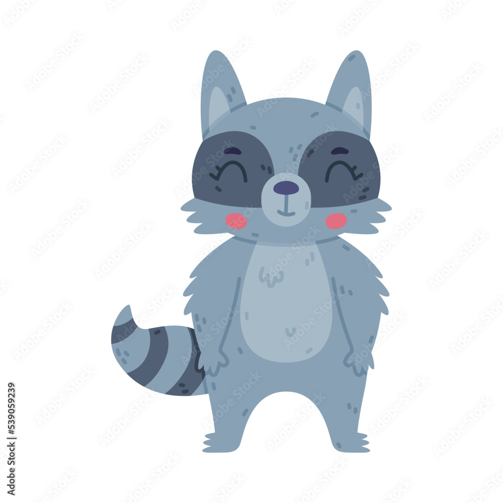 Fototapeta premium Funny Raccoon Animal Character with Striped Tail Standing and Smiling Vector Illustration