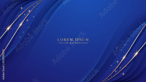 Golden lines with glitter light effect and curve decoration on blue background. Luxury style design concept