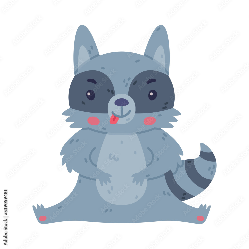 Fototapeta premium Funny Raccoon Animal Character with Striped Tail Sitting and Licking Vector Illustration