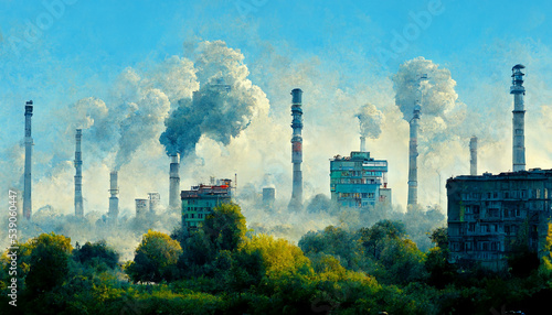 The City Air Landscape Pollution by Industrial Activity with Smog in the Air and Nature. Environmental and Industrial Issue that Polluted the Planet Earth.