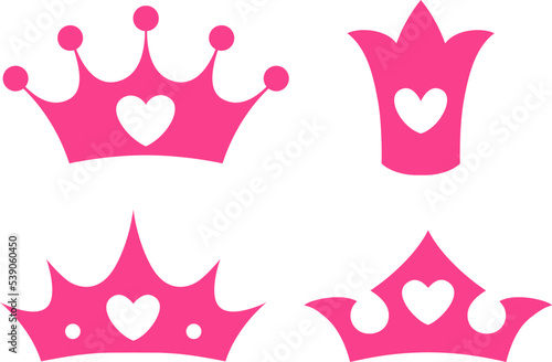 Collection of pink royal crowns flat style icons, princess tiara set vector illustration