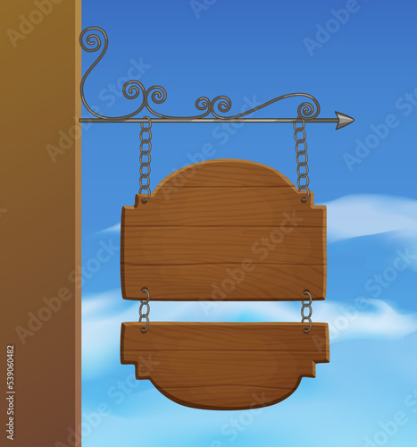 Wooden signage mounted to the wall vector illustration, cartoon style image of dark wood sign on metallic brackets