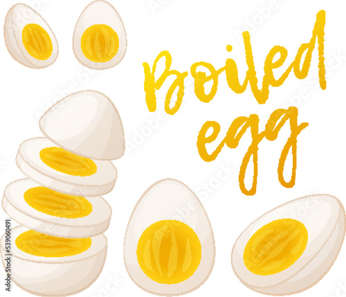 Boiled egg without shell vector icon, cooked eggs halves and slices cartoon illustration, food ingredient image isolated on white background