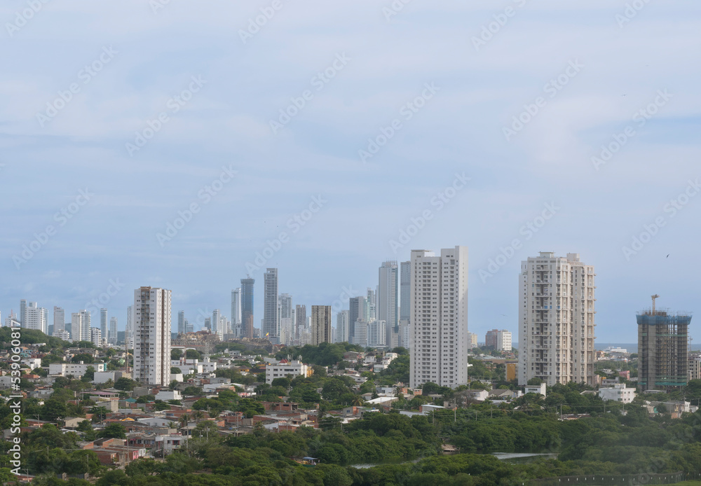 buildingscape with new construction in the entrance of the walled city cartagena de indias